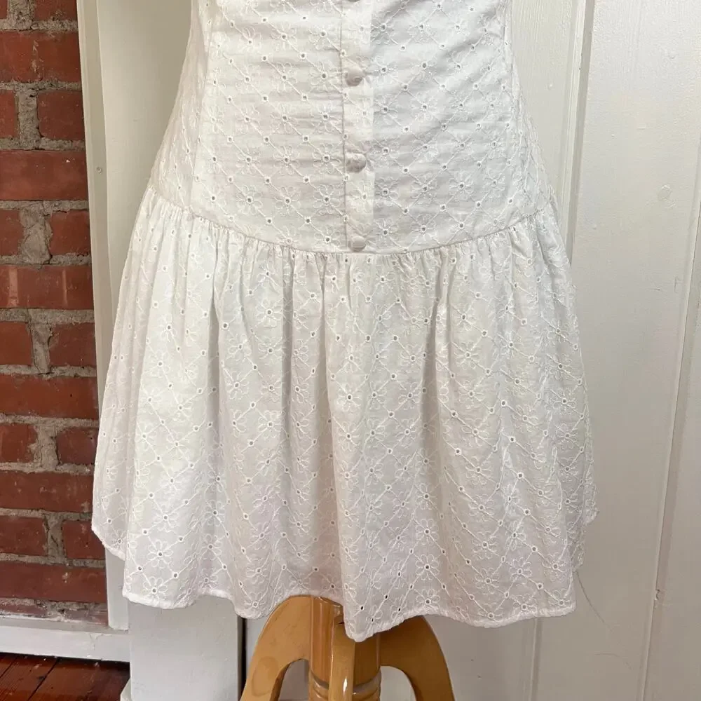 NEW All in Favor White Eyelet Mini Dress Cottagecore Milkmaid Dress Medium - Picture 3 of 10